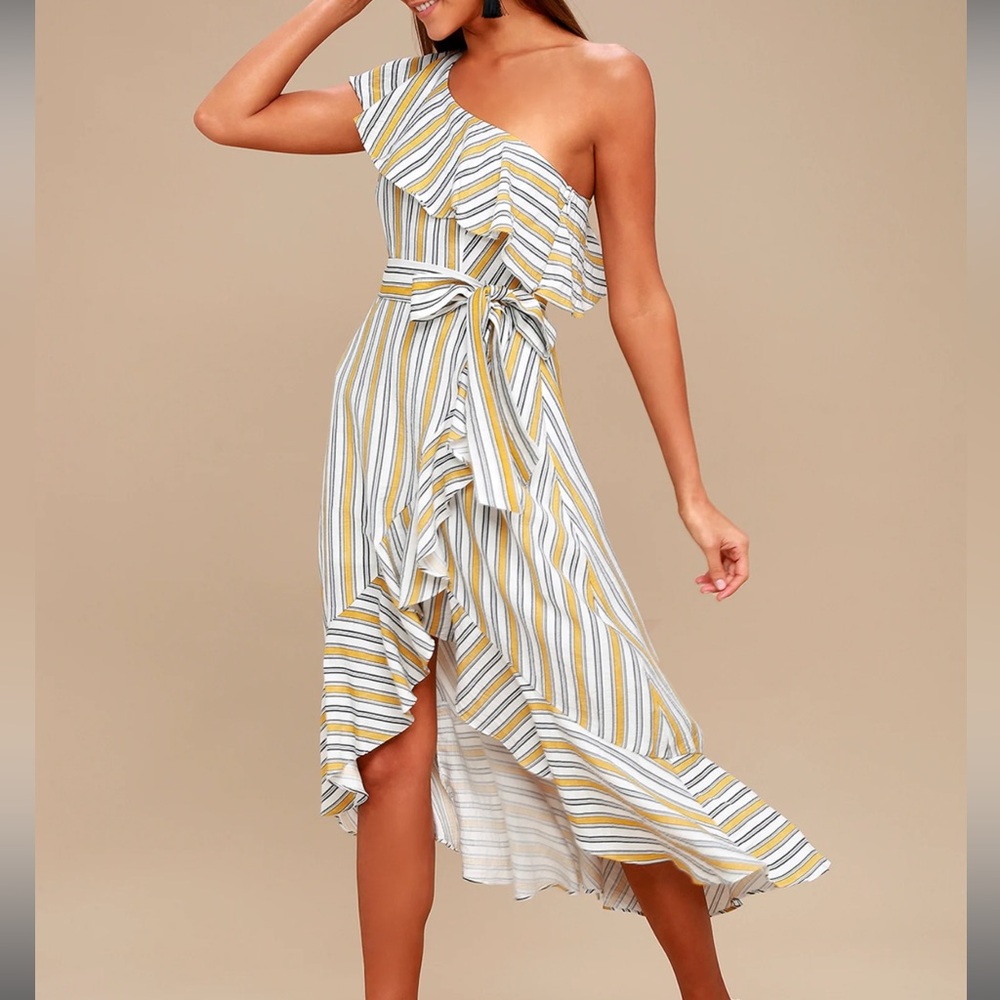 Lulus yellow stripe high tide one shoulder midi dress